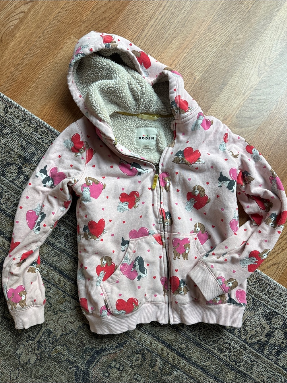 Mini Boden Pink Heart & Puppy Sherpa-Lined Zip Hoodie